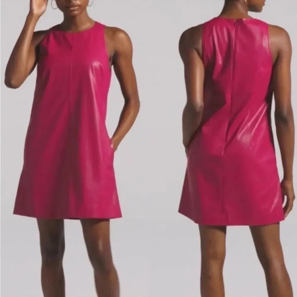 J Crew Hot Pink Faux Leather A Line High Neck Dress Size XXL